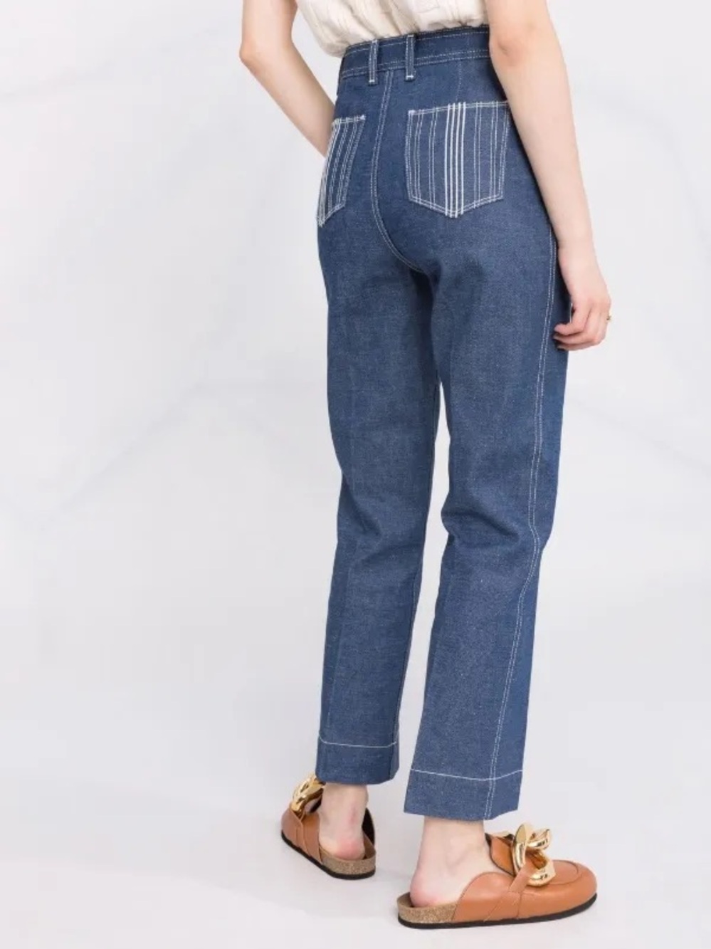 Tory Burch Cropped Straight Leg Denim Jeans Embroidered Pockets Size 29